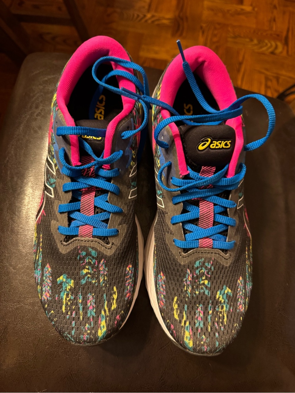 ASICS Women's Gray Running Shoes with Blue Laces and Pink Collar